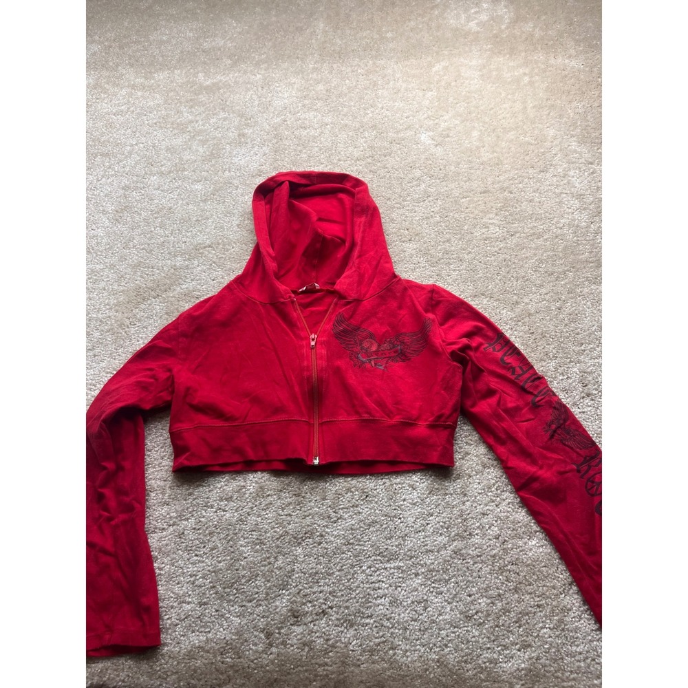 Bling Bling Kids Red Cropped Zip Up Hoodie Winged Heart Peace Graphic Print
